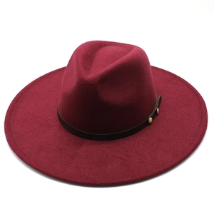 Burgundy wool fedora hat with wide brim and brown leather band for men and women