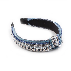 Blue ethnic knot headband with sparkling rhinestones, pearls and sequins for women