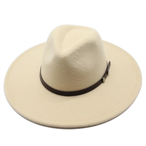 Classic beige wool felt fedora hat with wide 9.5cm brim and studded leather band
