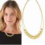 Close-up of gold tone mixed link chain necklace showing model wearing and white background