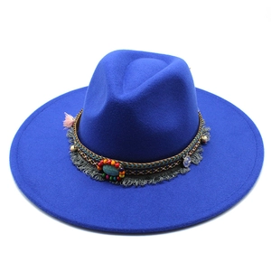 Classic bright blue wool fedora hat with ethnic beaded band and 9.5cm wide brim