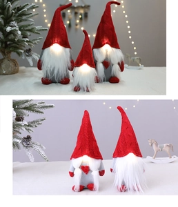 Close-up of lighted Christmas gnomes with warm LED glow and soft knit texture
