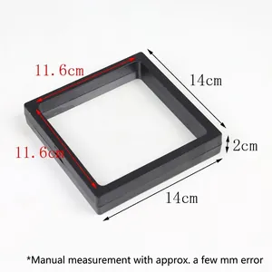 Detail showing 14cm x 14cm black PE film floating display box dimensions and frame thickness