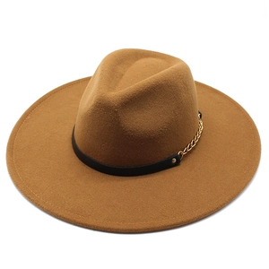 Camel wool jazz fedora hat with wide brim and gold chain decoration on black leather band