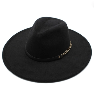 Classic black wide brim wool jazz fedora hat for women and men with gold chain decoration