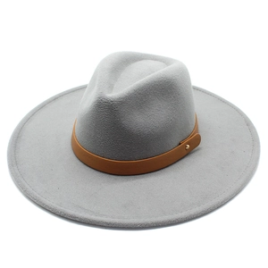 Light grey wool fedora hat with wide brim and brown leather band for autumn winter