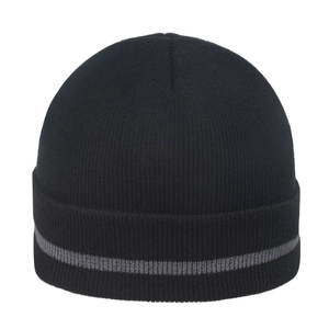 Bonnet en maille noir pour hommes avec bande réfléchissante grise et bord à revers