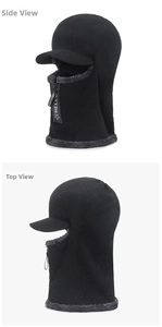 Macro shot of black winter balaclava with warm gray plush lining and zipper detail