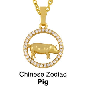 Makroaufnahme von goldenem Schwein-Sternzeichen-Anhänger mit Zirkonia-Besatz auf Kette
