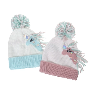Bonnets tricotés licorne pour enfants en bleu et rose avec pompons colorés
