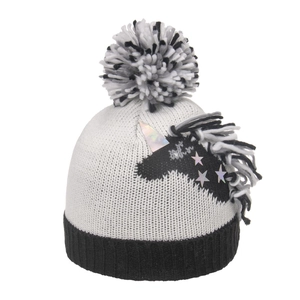 Bonnet licorne tricoté avec pompon et silhouette de licorne holographique en noir et blanc