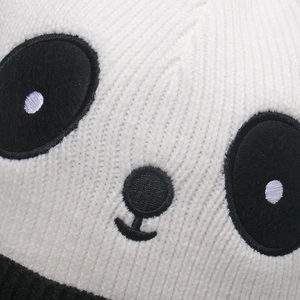 Cute panda embroidered winter knit beanie hat made of soft white wool for cold weather