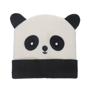 Cute panda knit beanie hat with 3D ears and cartoon embroidery for winter warmth