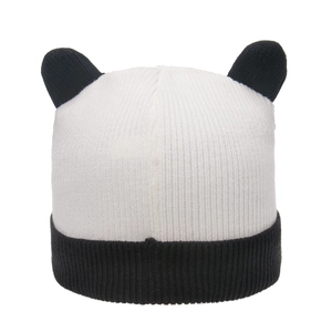 Cute panda-themed knitted beanie with ears and a black ribbed cuff for winter warmth