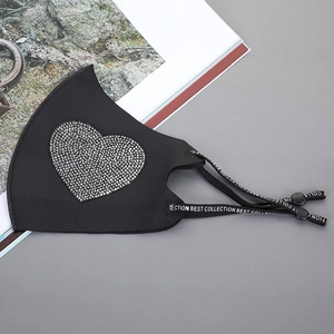 Ice silk sun protection mask in black with silver rhinestone heart and adjustable ear straps