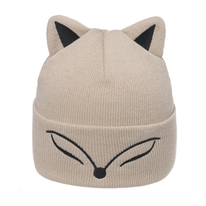 Detail of fox ear beanie featuring cute closed-eye embroidery and contrast 3D ears