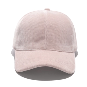 Detail showing the textured pink corduroy fabric and stitching on this baseball cap