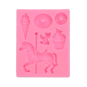 Pink silicone mold for carousel, ice cream, and donut shaped fondant cake decorations