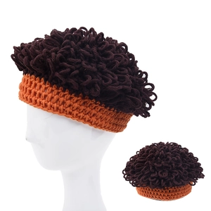 Creative infant knit beanie with brown wig curls and orange crochet rim, warm and cute