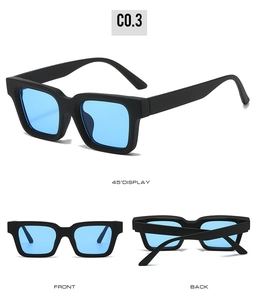 Three-view display of vintage square sunglasses with black frame and light blue lenses
