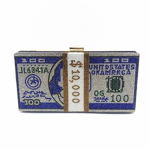 Sparkling dollar bill rhinestone clutch bag in blue and gold for evening gala events