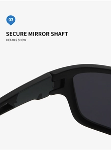 Detailed close-up of the secure mirror shaft and hinge on black cycling sunglasses