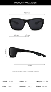 Detailed size chart of polarized sports sunglasses with UV400 PC frame and TAC lenses