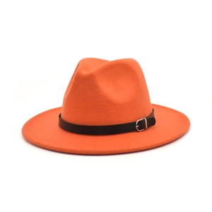 Detailed front view of bright orange wool fedora hat with black leather buckle band