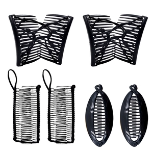 Detail view of 6-piece black banana hair clip set with various plastic styling combs