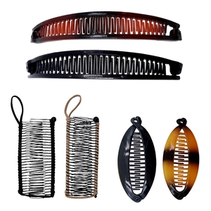 Detailed set of 6 plastic and metal banana hair clips in black, brown, and beige tones