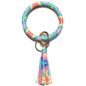 Rainbow tie-dye round leather bracelet keychain with fringe tassel and gold hardware