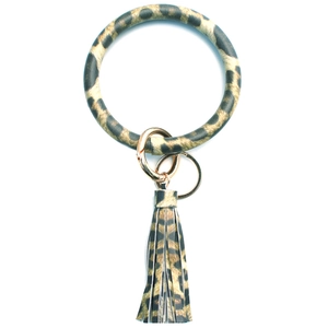 Modieuze sleutelhanger met luipaardprint leer, kwastje en gouden metalen ring