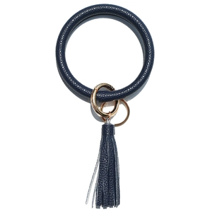 Navy blue faux leather ring keychain wristlet with gold clasp and tassel detail