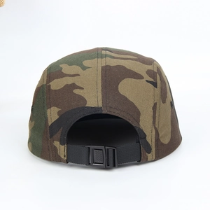 Rear view of a jungle camouflage 5-panel cotton cap with adjustable black buckle strap