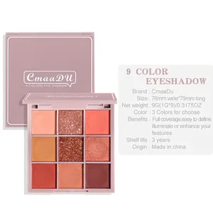 Nine-color warm sunset coral eyeshadow palette with matte and shimmer glitter textures