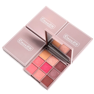 Macro detail of 9-color eyeshadow palette with matte and shimmer pink earthy tones