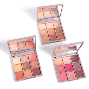 Three 9-color eyeshadow palettes with matte and shimmer finishes in a diagonal layout
