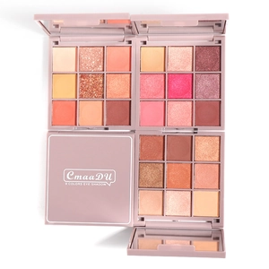 Detailed view of three 9-color eyeshadow palettes with matte and shimmer textures