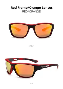 Front and side view of red and black sports sunglasses with orange mirrored lenses