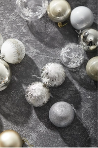 Detail of assorted silver Christmas balls with snowflake patterns and glitter textures