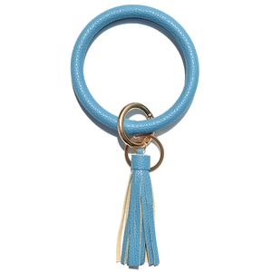 Blue lychee pattern leather O-ring keychain with matching tassel and gold metal hardware