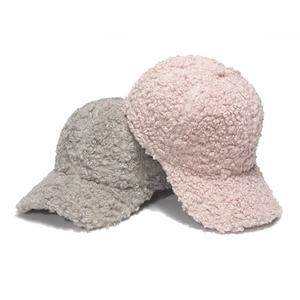 Pink and grey fuzzy lamb wool baseball caps for women with warm plush texture