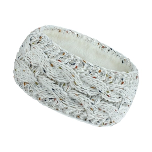 Close-up of winter knit headband with colorful speckled yarn and soft fleece lining