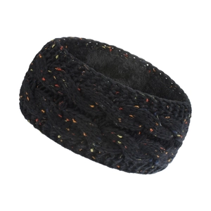 Close-up of black cable knit headband with colorful confetti yarn and thick fleece lining