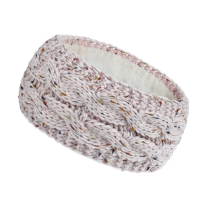 Detail of pink cable knit winter headband showing thick white fleece lining for warmth
