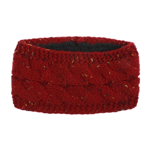 Detailed view of red chunky knit headband with colorful flecks and soft gray fleece lining