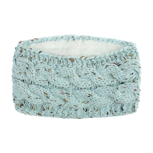 Close-up of cable knit headband with thick white fleece lining for winter warmth