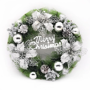35cm Artificial Christmas wreath with silver Poinsettia flowers and Merry Christmas sign