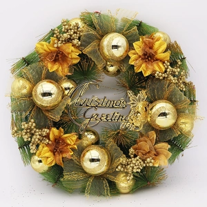 Golden Christmas Wreath Artificial Pine Needle Decoration With Metallic Balls Bows And Flowers For Holiday Front Door Wall