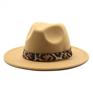 Detail of khaki wool fedora hat with leopard print band and gold stud accent